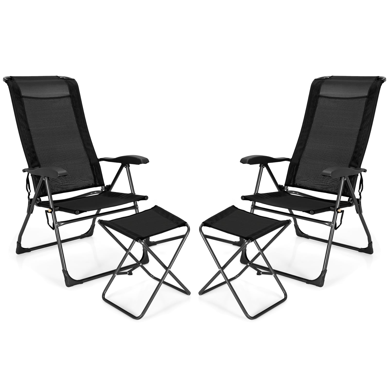 Tangkula Folding Patio Chairs, Set of 2 Outdoor Dining Chairs & Ottomans, Lawn Chairs with 7-Level Adjustable Backrest